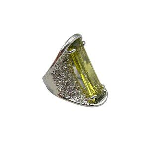 Fancy Statement Ring Size 6 Wide Cocktail Ring with Elongated Green Glass Stone